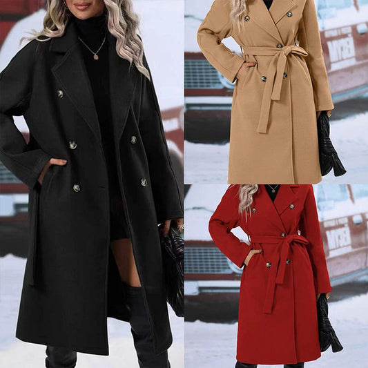 Women's Solid Color Polo Collar Thickened Lace-up Double-breasted Trench Coat