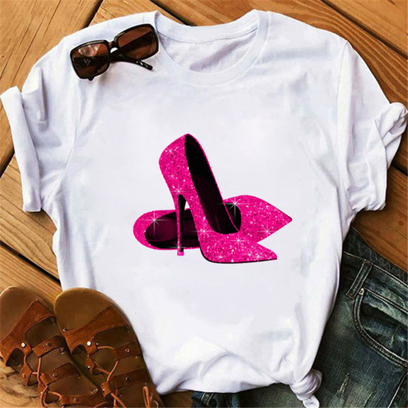 Women's High Heels Pattern Cute Loose Top T-shirt