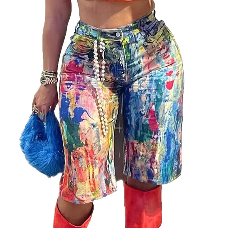 Fashionable Straight-Leg Painted Pants Shorts – Trendy Artistic High-Waist Streetwear Shorts for Women | Casual Summer Chic Statement Bottoms