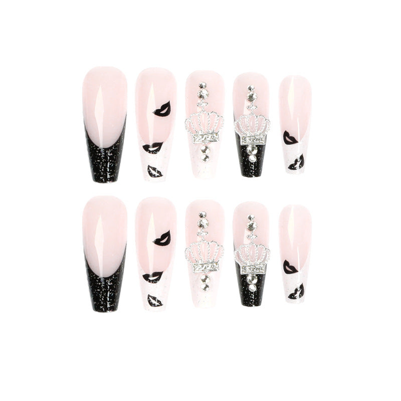 Long Ballet Black And White Lip Print Nail Beauty Rhinestone Removable Patch