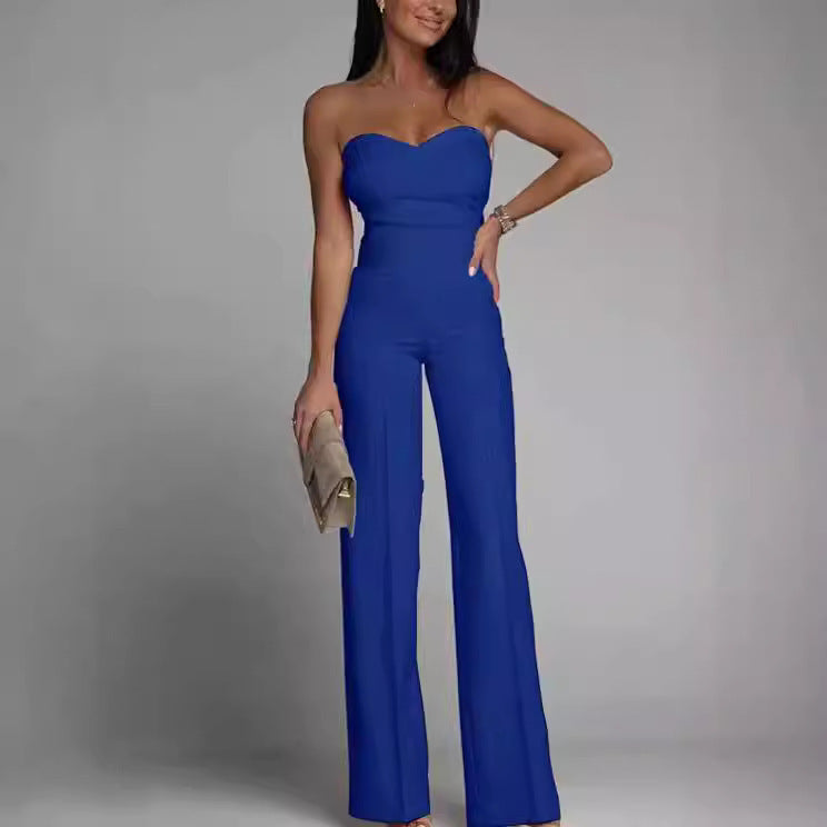 Women’s Slim-Fit Tube Top Straight Leg Jumpsuit – Chic Strapless One-Piece Outfit