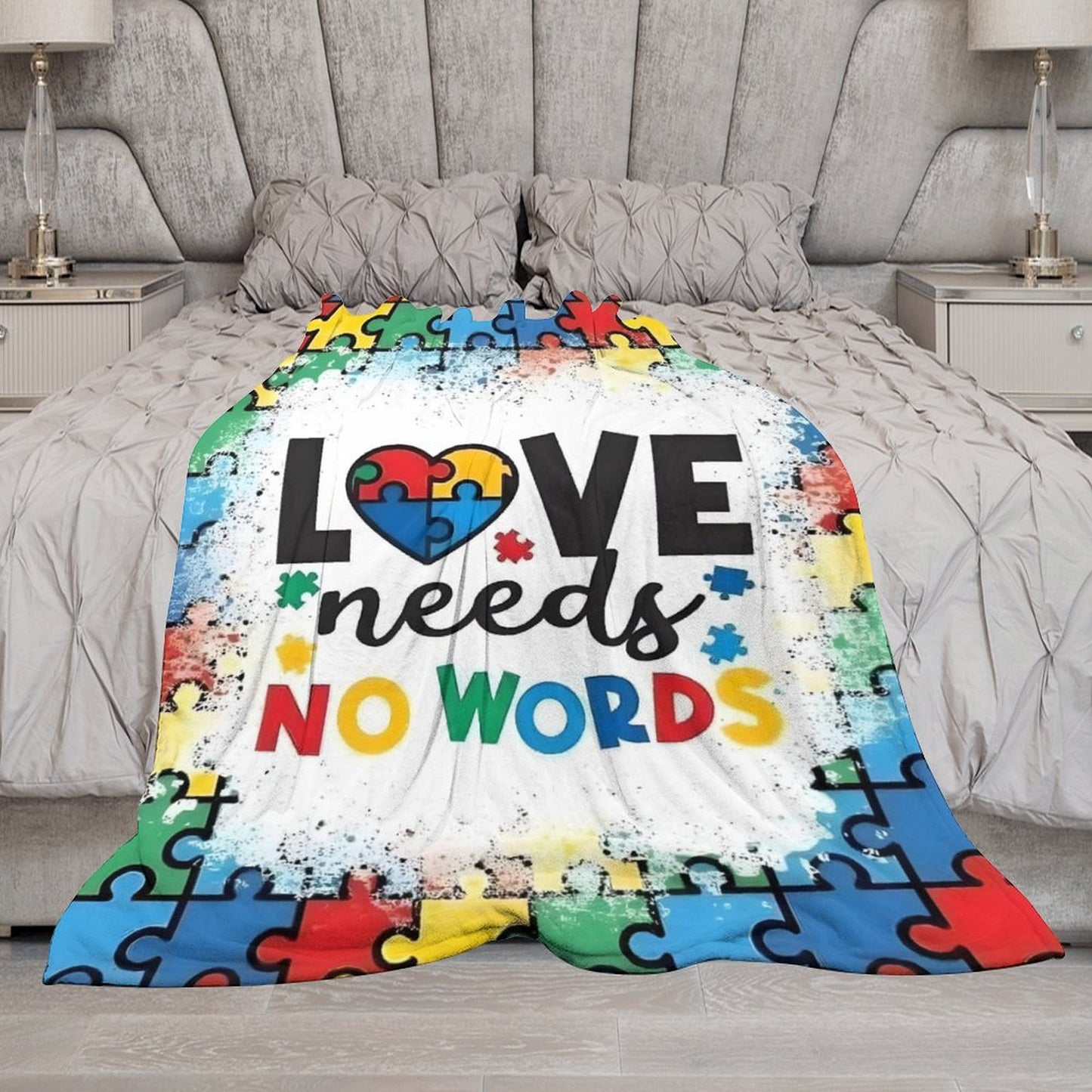 Autism Awareness Love Needs No Words Flannel Blanket – 280GSM Ultra Soft Throw | Puzzle Piece Design | Cozy Gift for Autism Support | 50"x60"