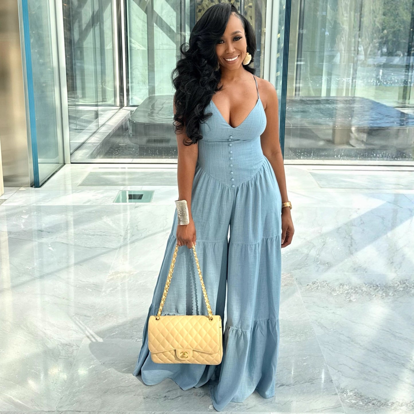 Women’s Deep V-Neck High Waist Jumpsuit – Sexy Elegant Wide Leg Romper, Long Sleeve Bodycon One Piece Outfit, Night Out Clubwear