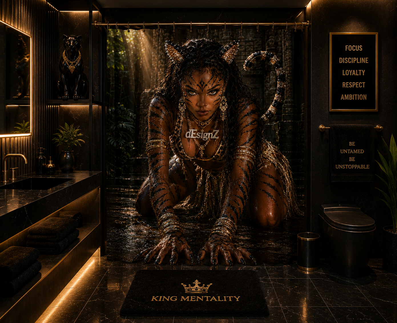 Tiger Queen Luxury Shower Curtain – Modern Black & Gold Jungle Glam Bathroom Decor | Fierce Tribal Goddess Bath Curtain