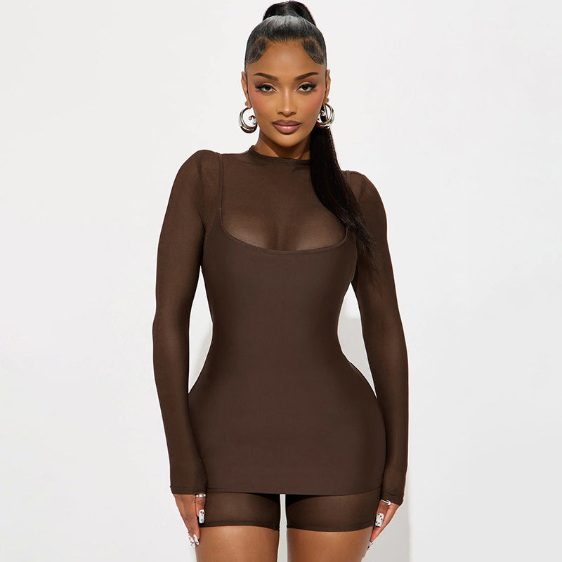 Solid Color Long Sleeve Mesh Stitching Jumpsuit Suspender Dress Suit | Sexy Layered Two-Piece Look | Women’s Bodycon Streetwear Outfit