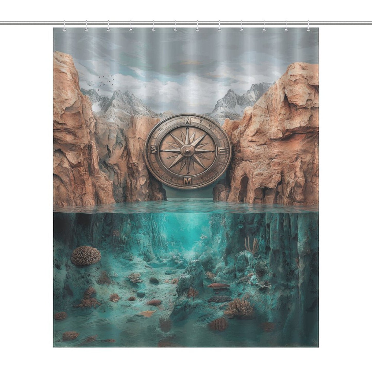 Compass with Mountain Over Water Shower Curtain | Nature Adventure Bathroom Decor | Wanderlust Compass Map Rustic Scenery Curtain