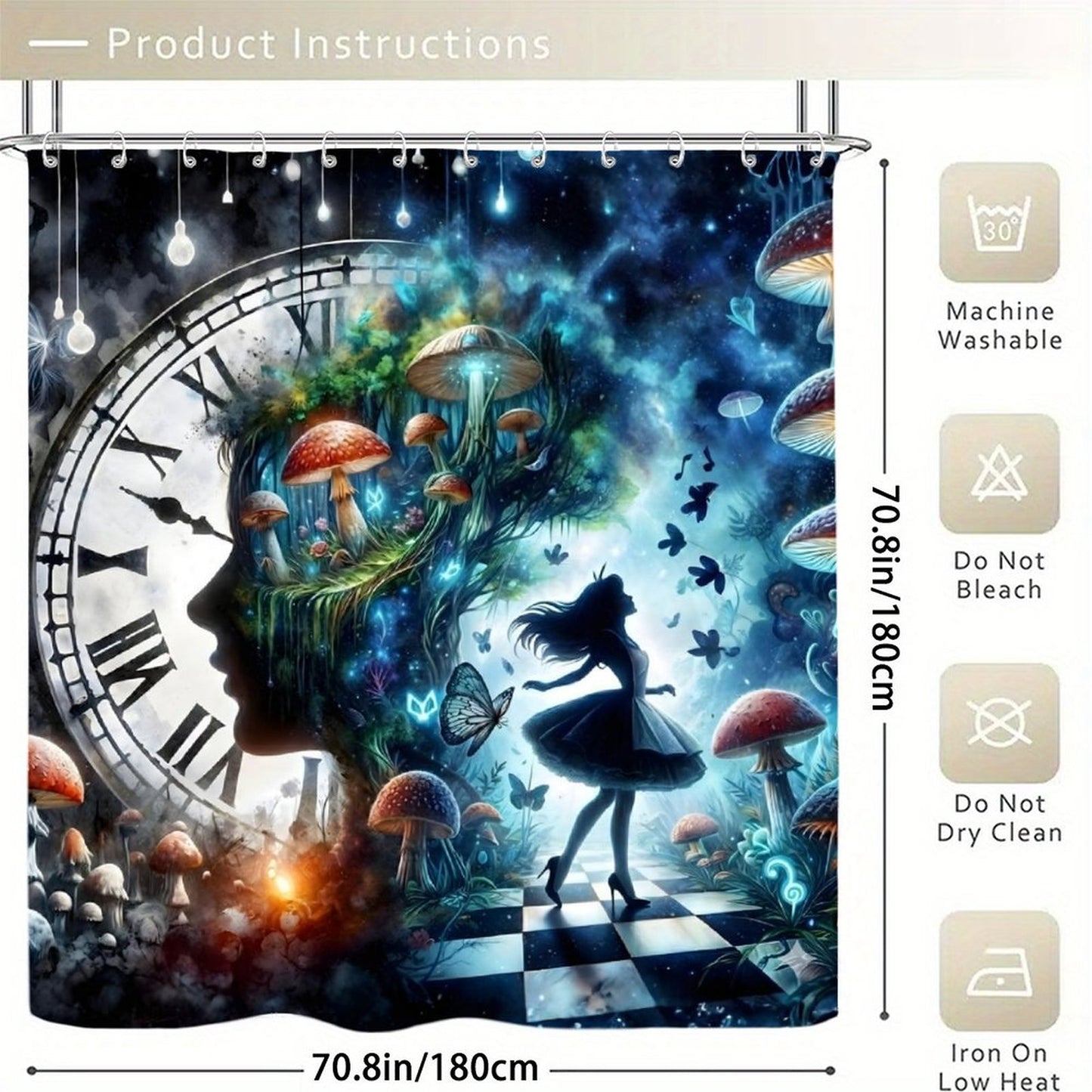 Midnight Wonderland Dreamscape Shower Curtain – Surreal Fantasy Mushroom Forest with Cosmic Clock & Enchanted Silhouette