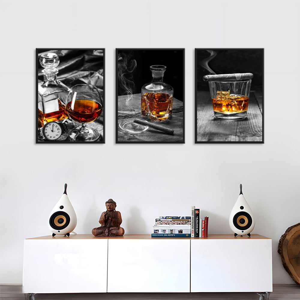 Vodka & Wine Glass Still Life Triple Oil Painting / Elegant Bar Wall Art for Home & Lounge Décor