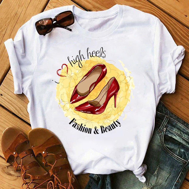 Women's High Heels Pattern Cute Loose Top T-shirt
