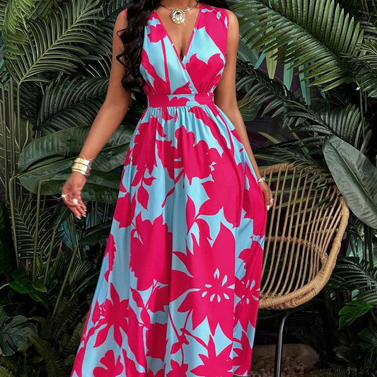 Deep V Neck Fit & Flare Maxi Dress – Elegant Cinched Waist Women's Evening Gown