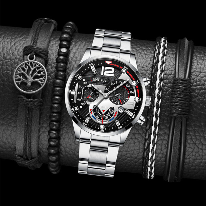 2Pcs Men’s Luxury Steel Strip Quartz Watch & Bracelet Set – Fashion Business Three-Eye Wristwatch Set for Men | Modern Elegant Gift Set