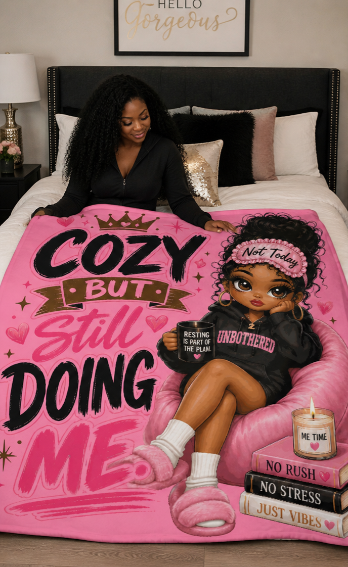 Cozy But Still Doing Me Flannel Throw Blanket – 60"x80" | Pink Black Girl Self-Care Blanket | 250gsm Soft Plush Oversized Blanket