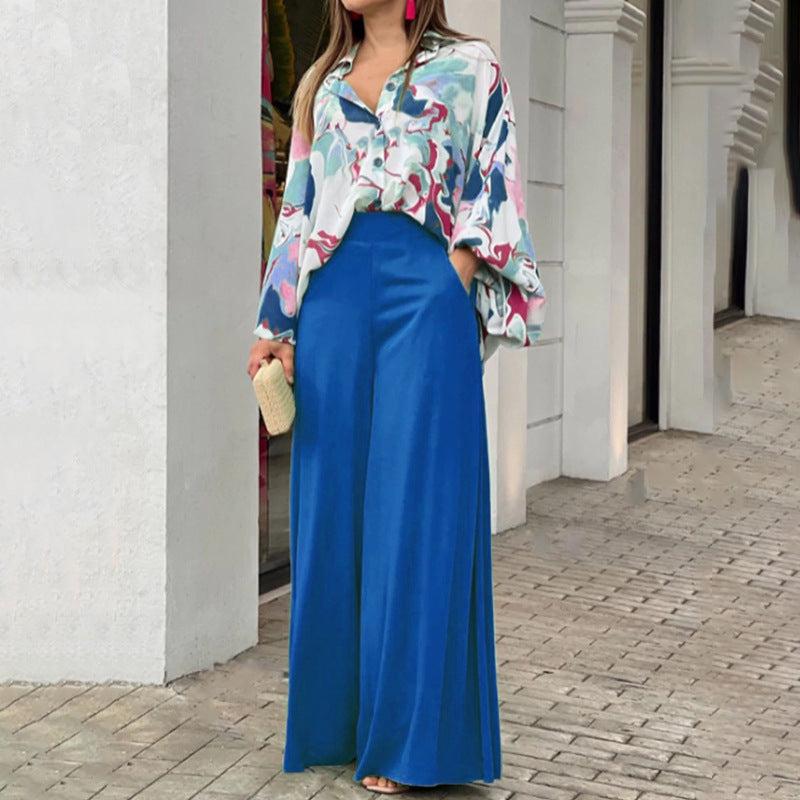 Loose & Elegant Casual Printed Shirt Top + Wide-Leg Pants Set | 2-Piece Fashion Outfit for Women