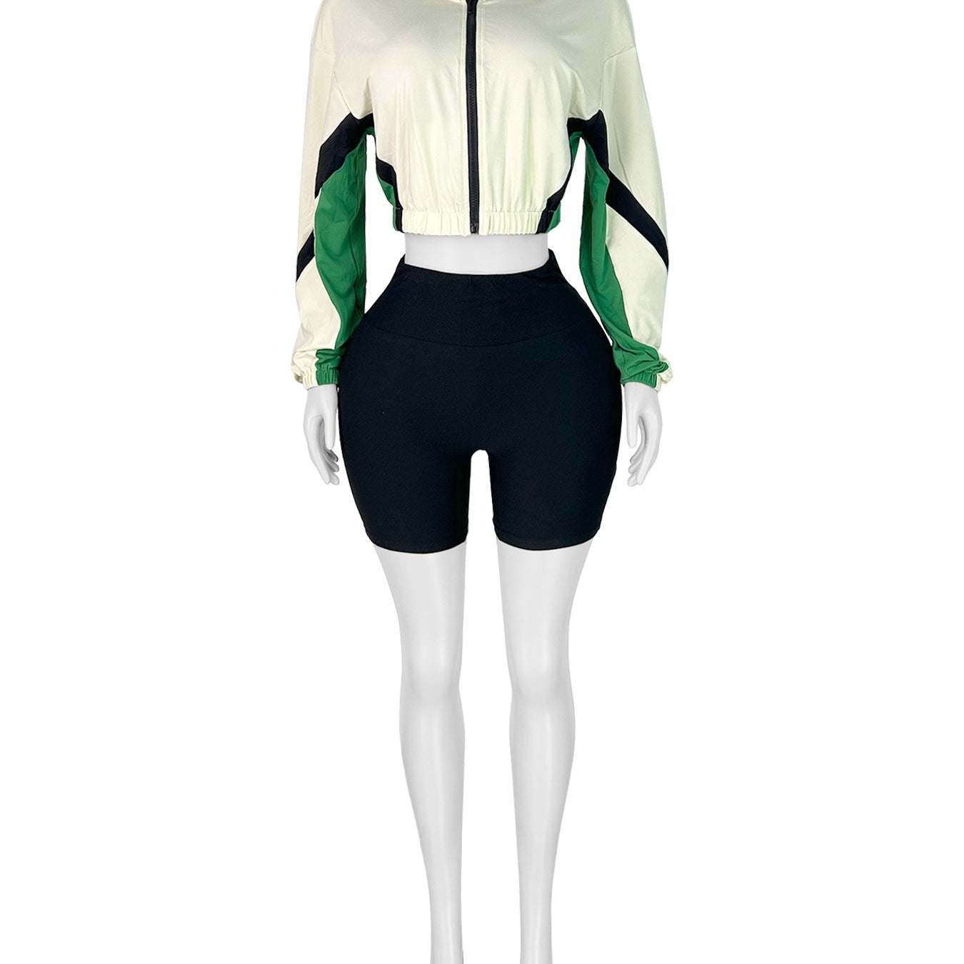 Women’s Patchwork Color Block Two-Piece Set – Zippered Crop Top & High Waist Sports Shorts Outfit | Casual Streetwear Matching Set