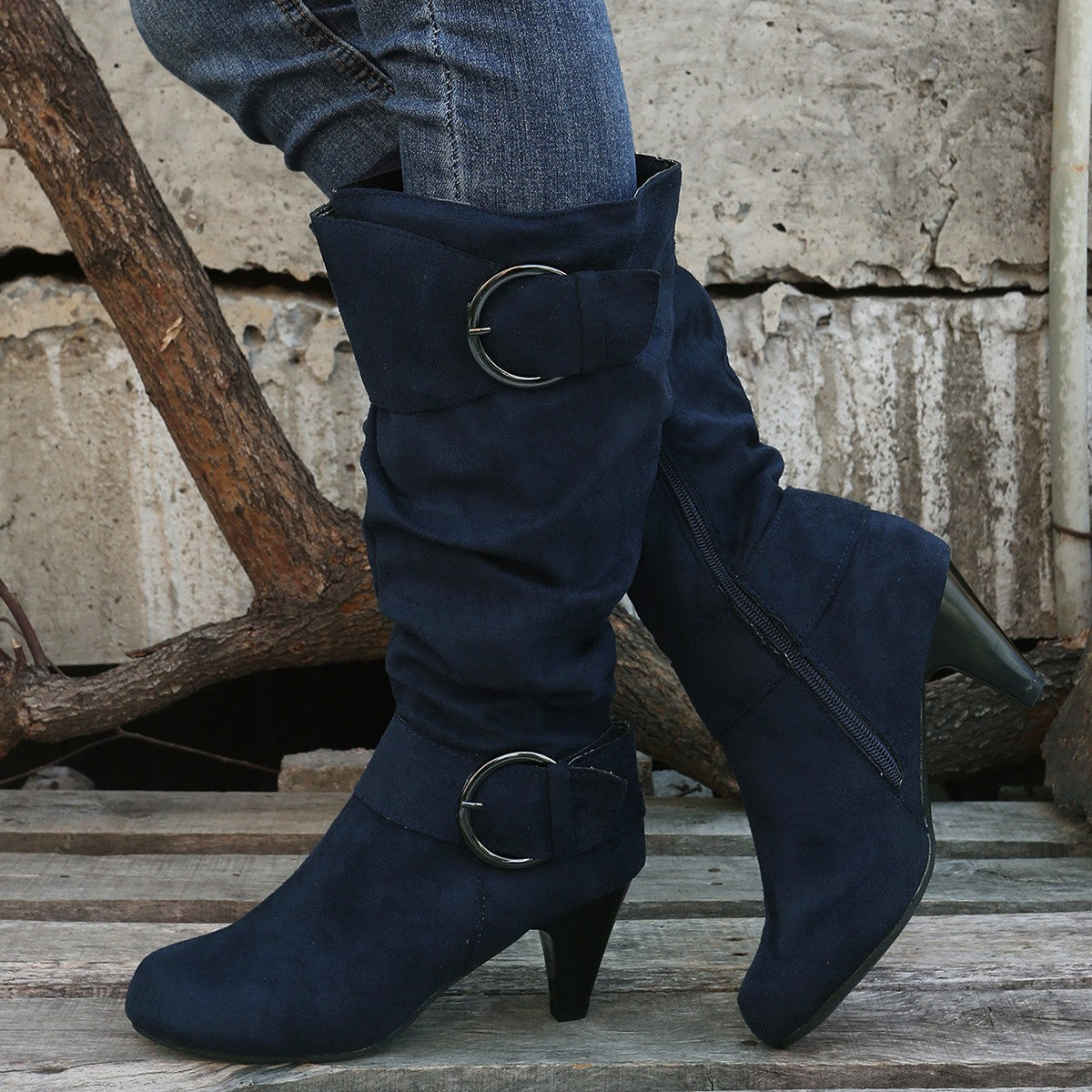 High Tube Below The Knee Round Head Buckle Women Boots