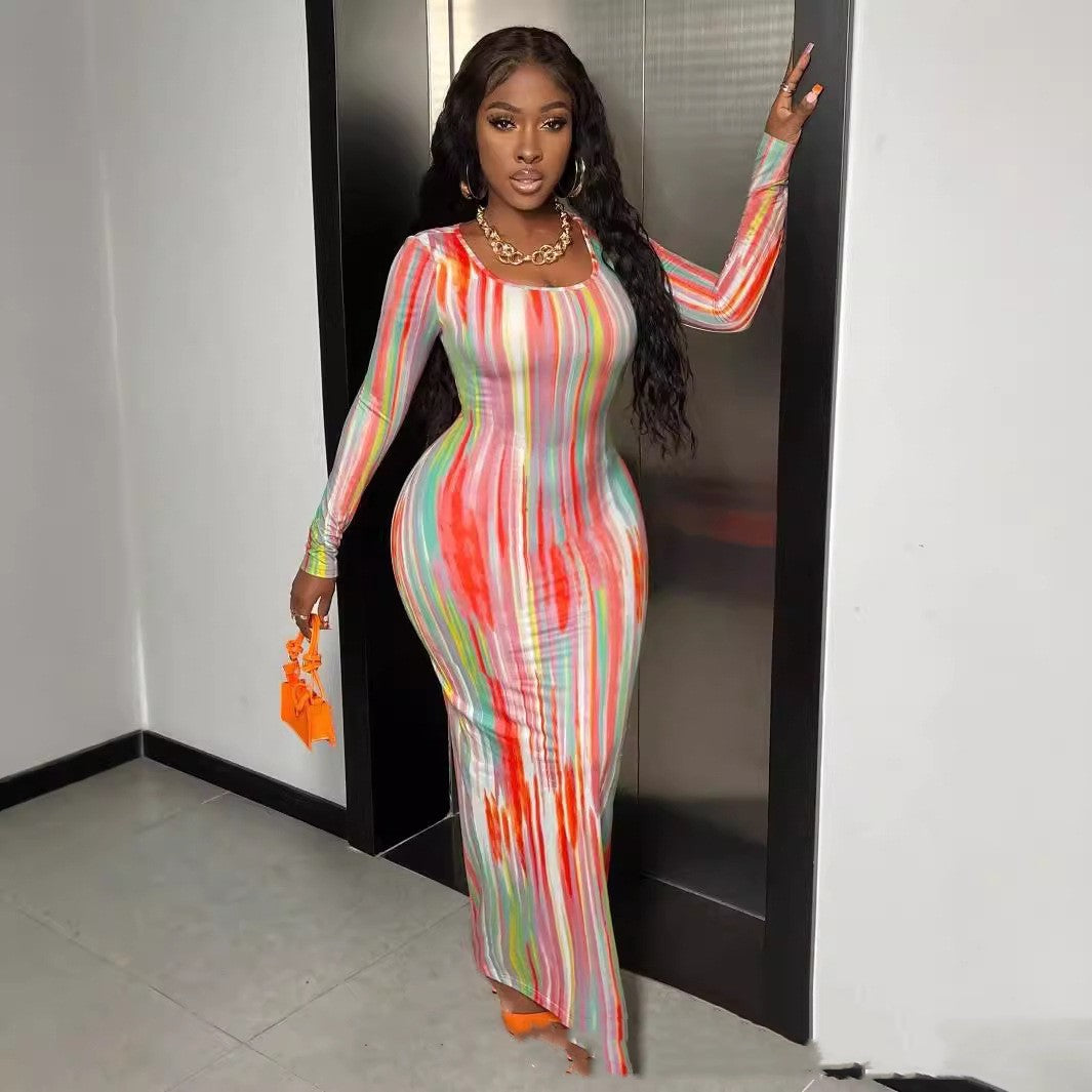 Chic Printed Long Sleeve Commute Dress