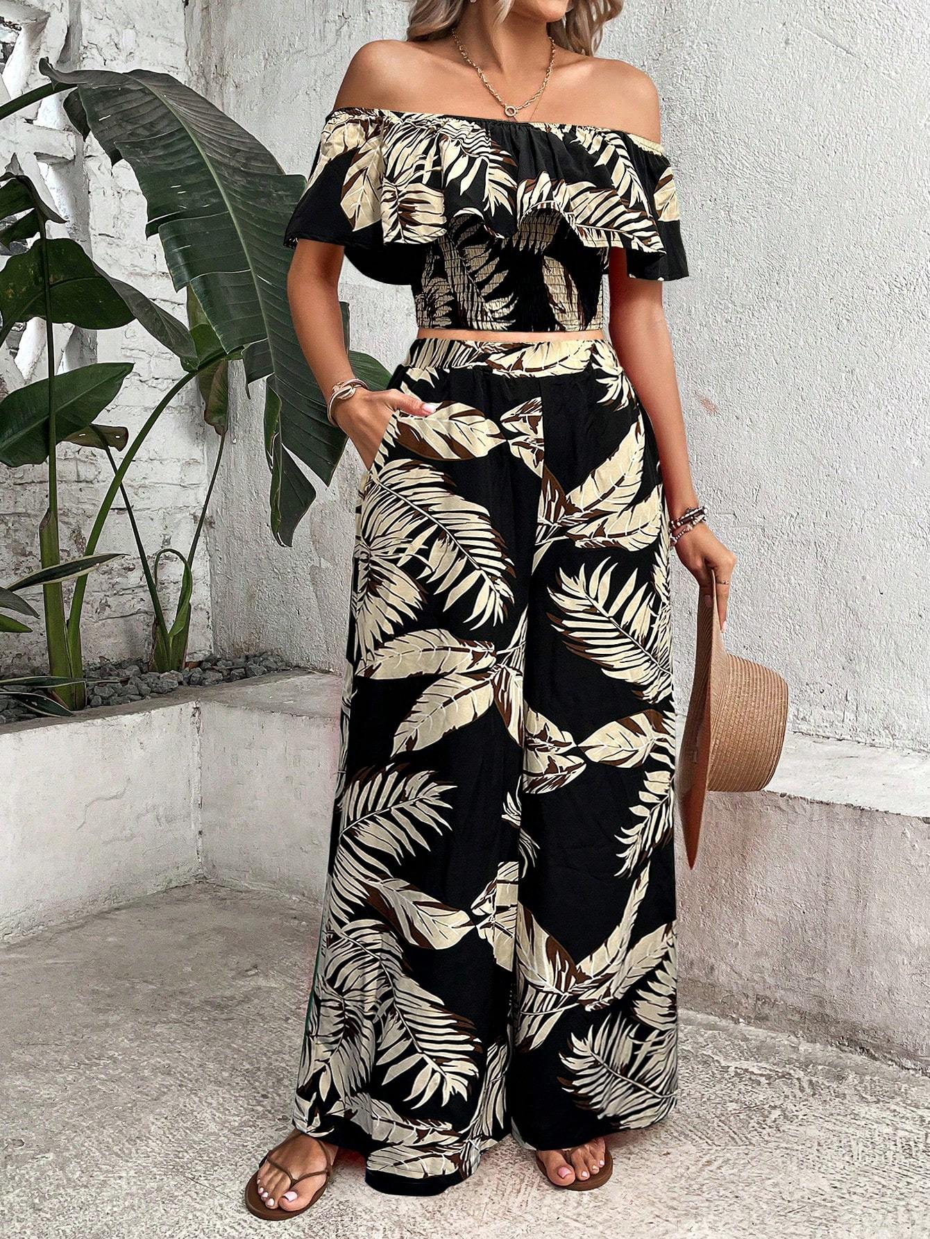 Ladies' Tropical Printed Off-Shoulder Top with Lace Trim & Wide-Leg Pants Set –  Vacation Outfit
