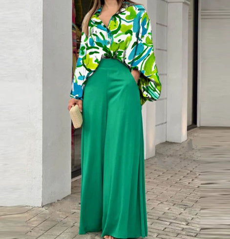 Loose & Elegant Casual Printed Shirt Top + Wide-Leg Pants Set | 2-Piece Fashion Outfit for Women