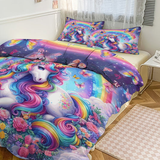 Magical Rainbow Unicorn 3-Piece Bedding Set – 86"x70" (218×177cm) Dual-Sided Comforter with Pillowcases – Fantasy Kids & Teen Bedroom Decor