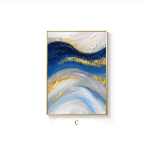Abstract Canvas Painting Blue Gold White – Modern Wall Art Contemporary Home Living Room Décor