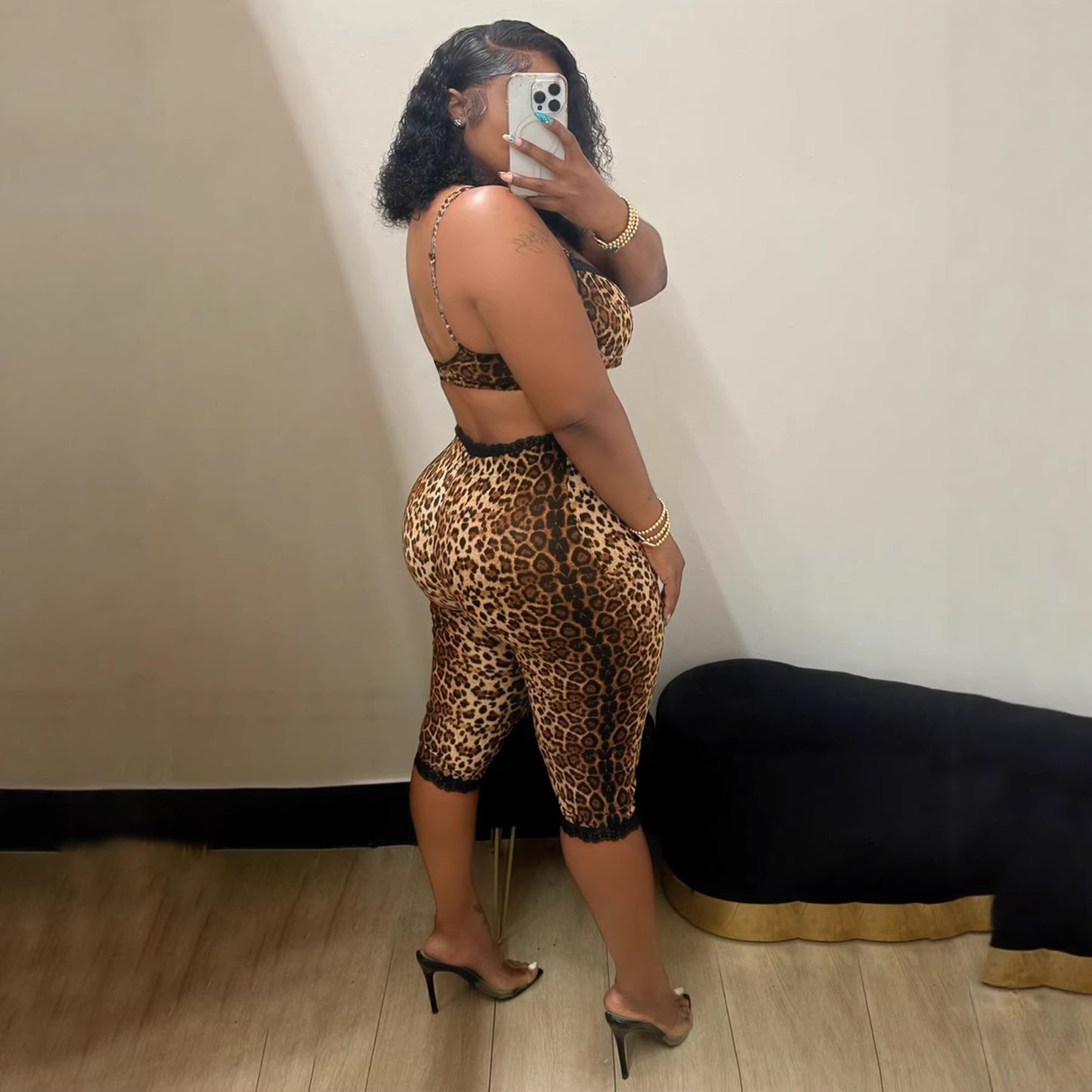 Leopard Print Sexy Lace Trim Two-Piece Set | Cropped Bra Top & High Waist Pants Lounge Set | Women’s Clubwear Outfit