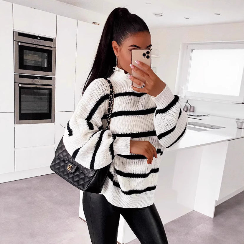 Loose Striped Mock-Neck Knitwear Pullover | Contrast Color Oversized Sweater for Women | Cozy Fall Winter Fashion | Casual Streetwear Sweater Top
