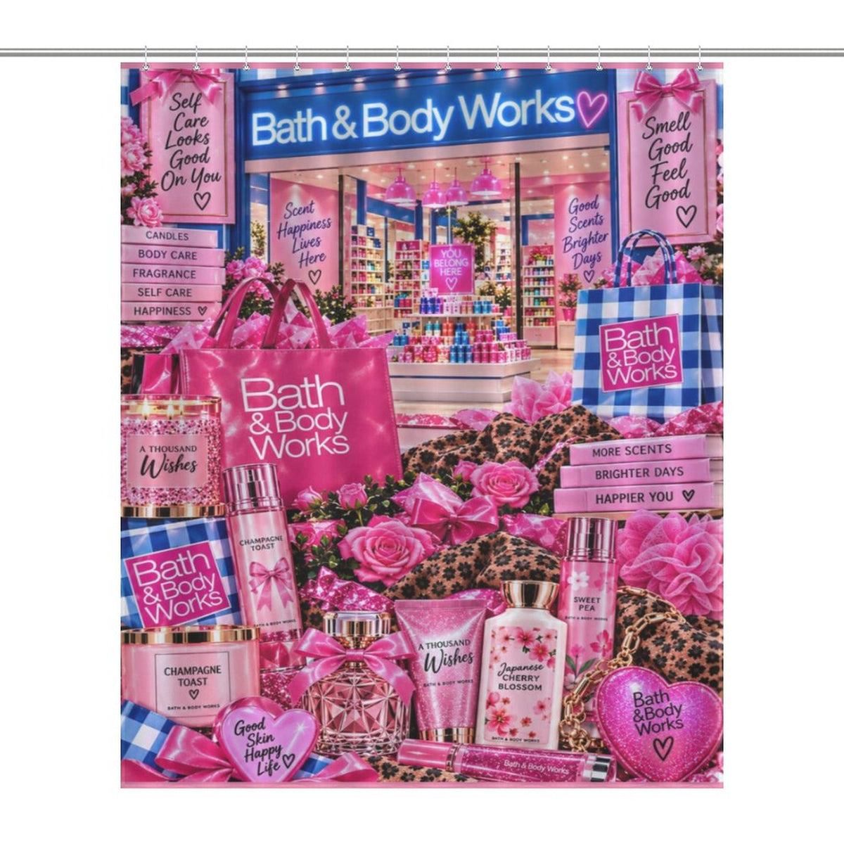 Pink & Blue Self Care Shower Curtain, Girly Bathroom Decor, Perfume Candle Floral Collage, Glam Beauty Bathroom