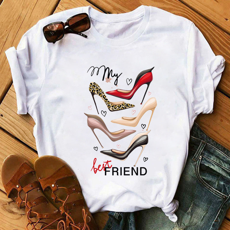 Women's High Heels Pattern Cute Loose Top T-shirt