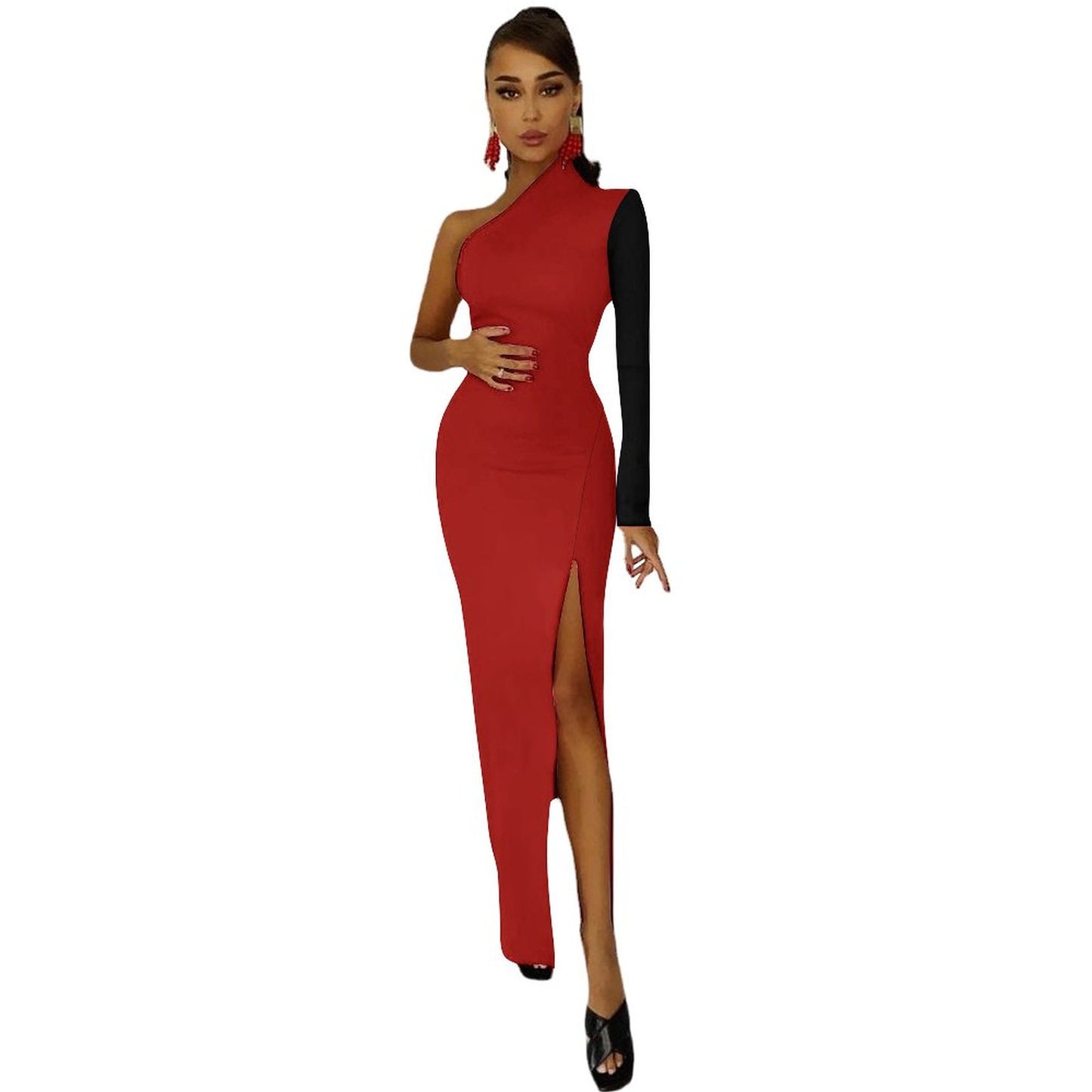 Red and Black Evening Gown One Shoulder Split Dress