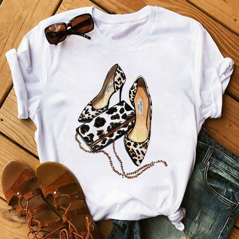 Women's High Heels Pattern Cute Loose Top T-shirt