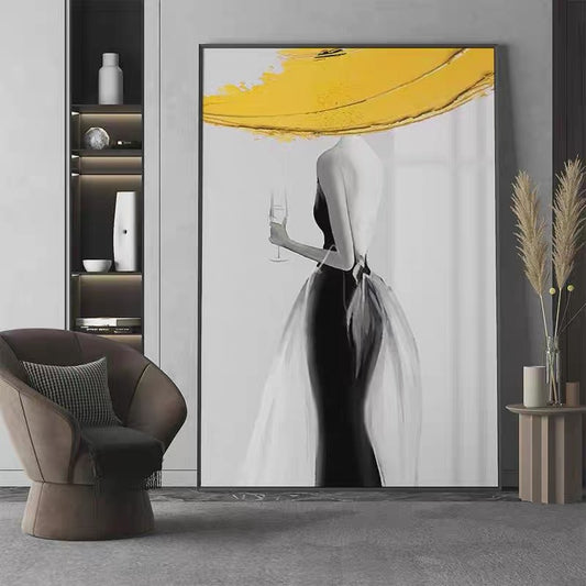 Modern Sexy Woman in Yellow Hat Canvas Art – Handmade Abstract Nordic Luxury Oil Painting Poster for Living Room, Aesthetic Home Decor Wall Art
