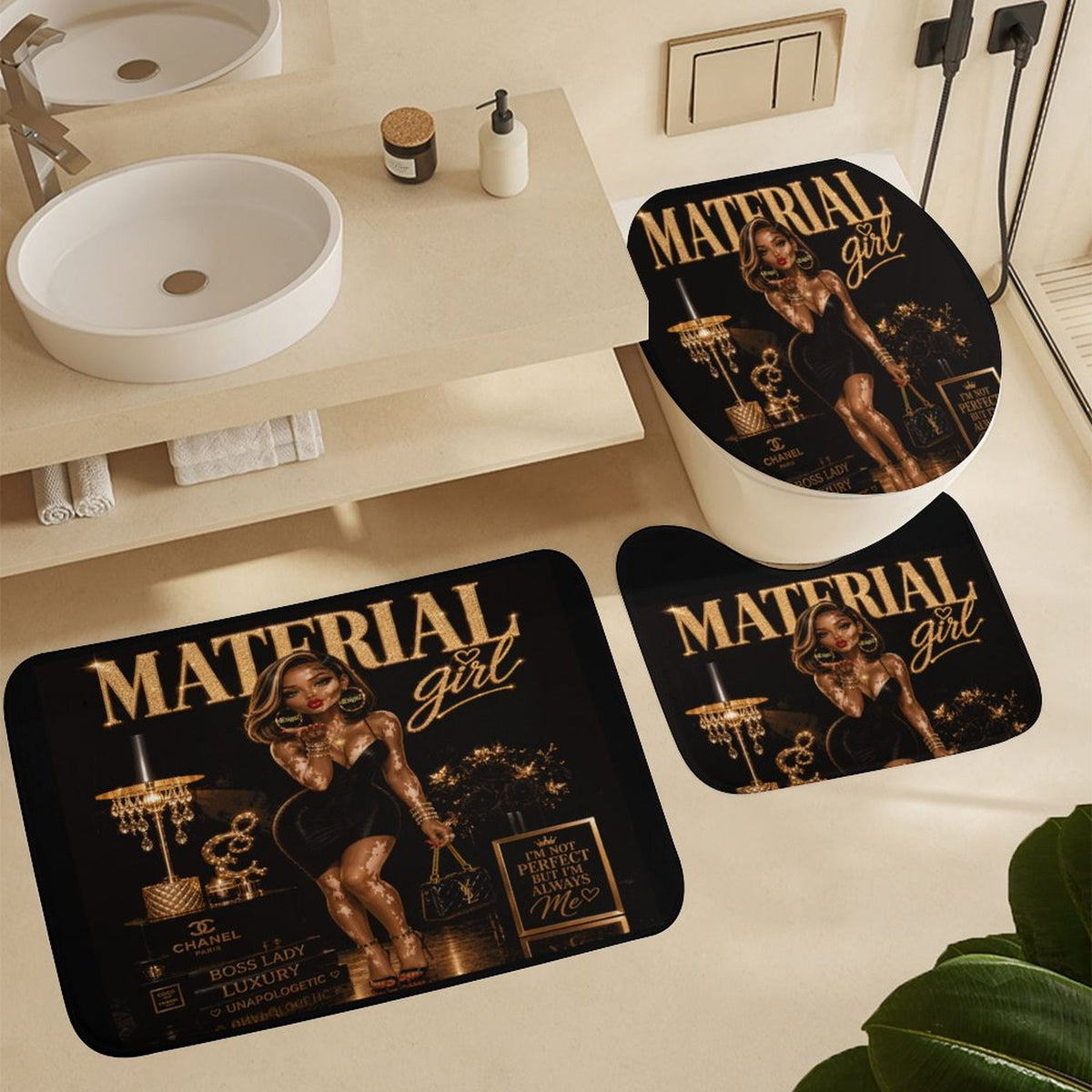 Material Girl Bathroom Mat Set, Black Gold Glam Bath Rugs, 3 Piece Toilet Mat Set, Luxury Bathroom Decor, Boss Lady Bath Set