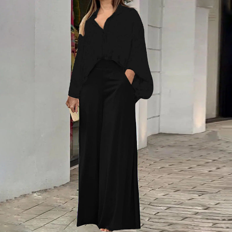 Loose & Elegant Casual Printed Shirt Top + Wide-Leg Pants Set | 2-Piece Fashion Outfit for Women