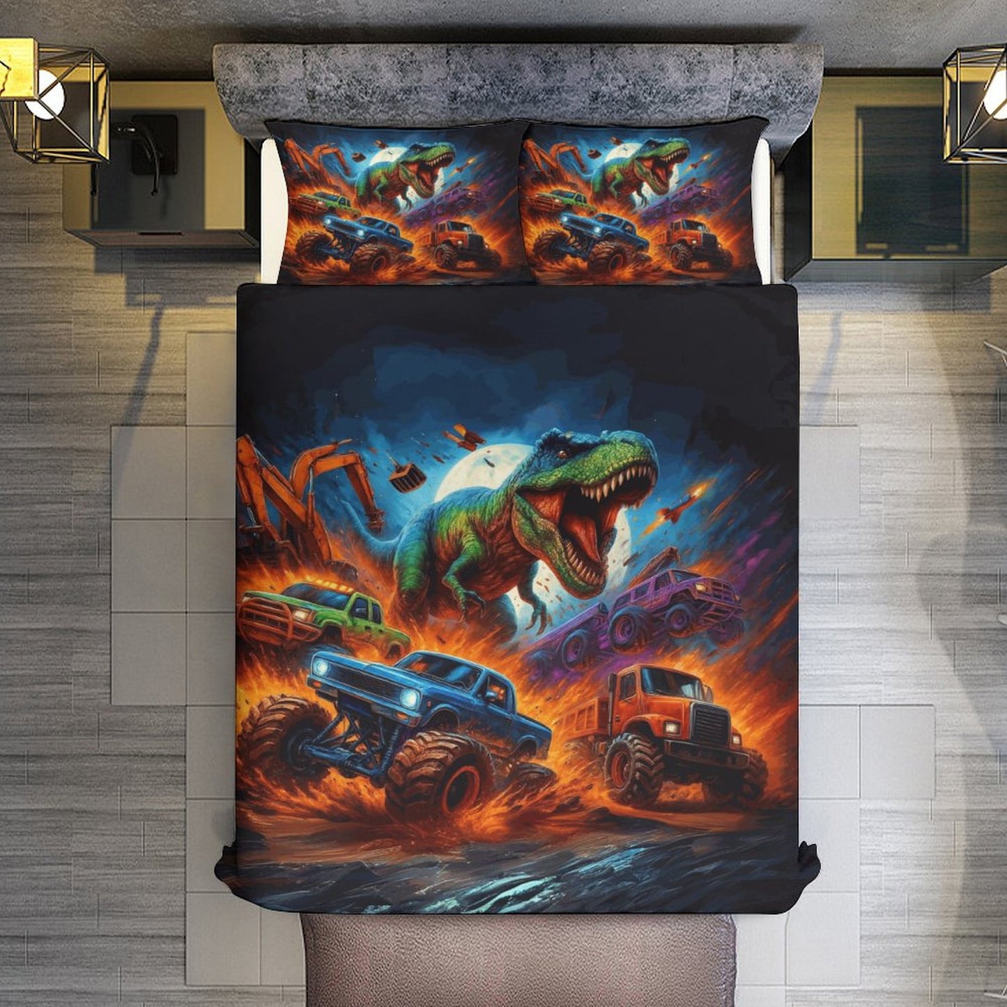 Jurassic Dinosaur Kids Bedding Set – 3-Piece Twin Size 86"x70" | Hot Wheels Truck Chase Design | Double-Sided Print | Boys Room Decor