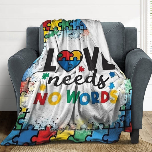 Autism Awareness Love Needs No Words Flannel Blanket – 280GSM Ultra Soft Throw | Puzzle Piece Design | Cozy Gift for Autism Support | 50"x60"