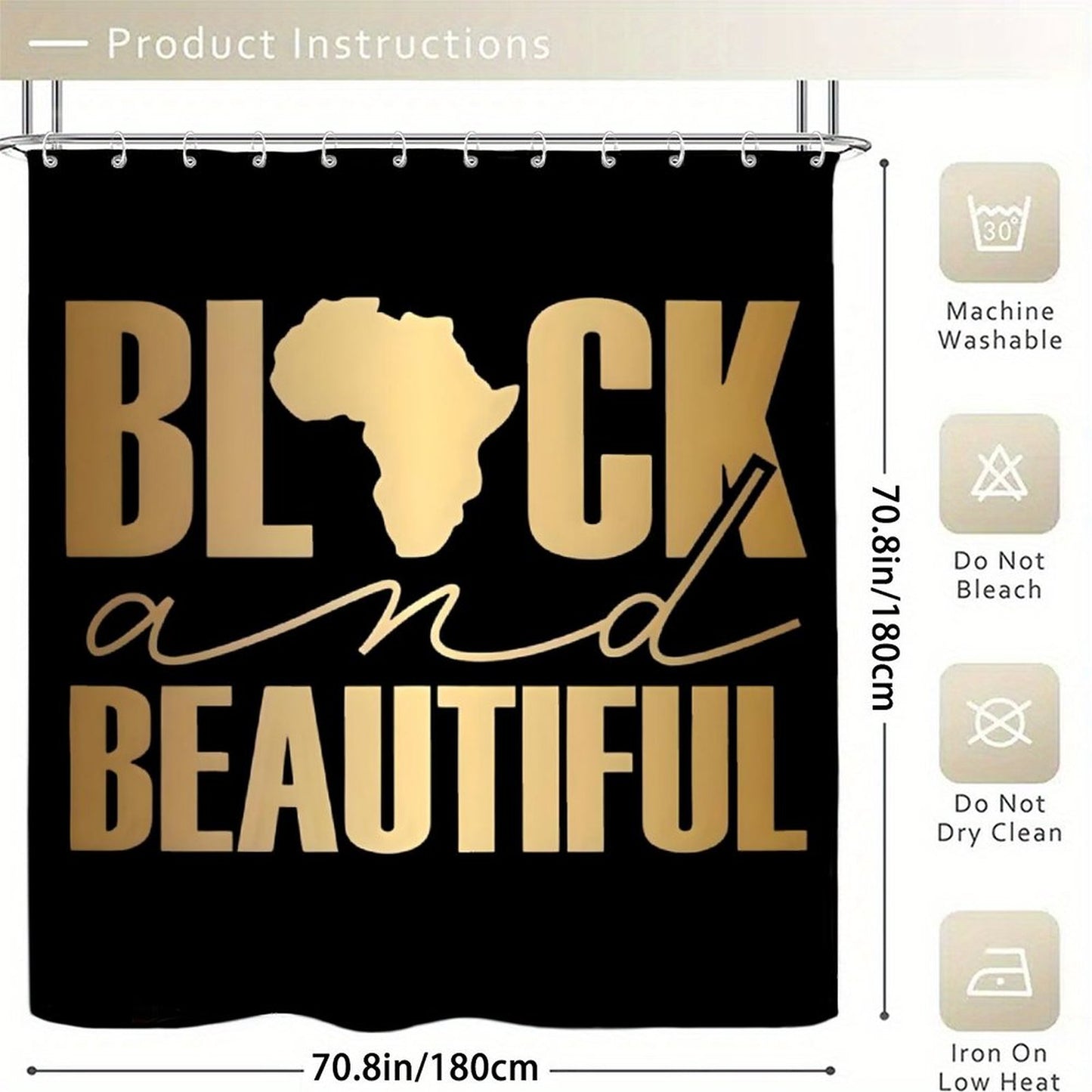 Black and Beautiful African Pride Shower Curtain – Gold Afro Queen Design | Melanin Bathroom Decor | Luxury Black Girl Magic