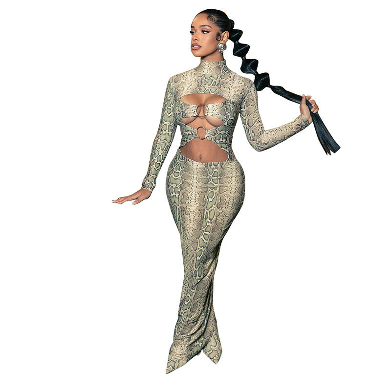 Sexy Hollow-Out Bodycon Maxi Dress for Women – Figure-Hugging Long Sleeve Printed Dress | Elegant Clubwear, Date Night Outfit, Slim Fit Streetwear Fashion