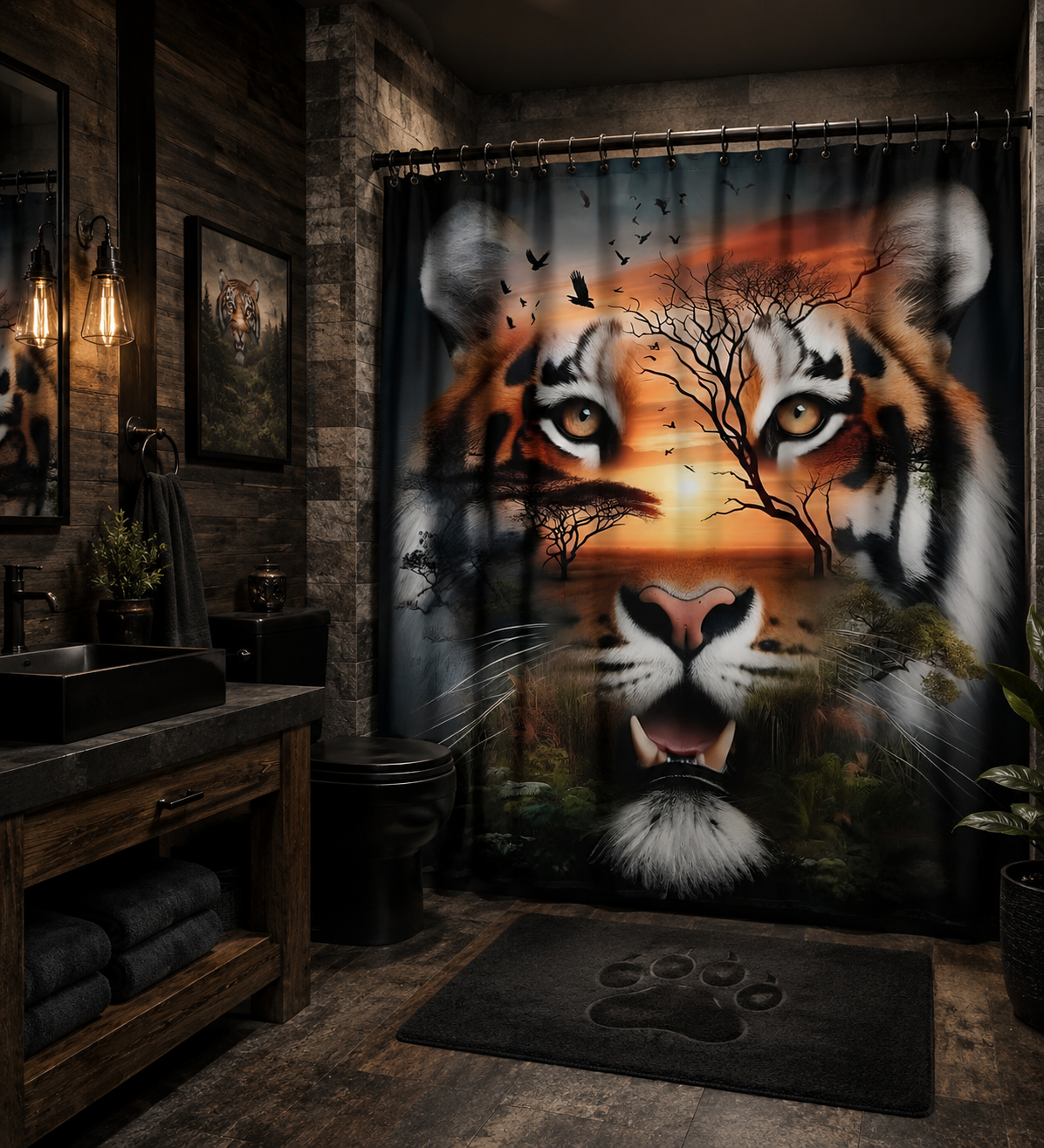 Mystical Tiger Sunset Shower Curtain, Masculine Wildlife Bathroom Decor, Safari Tiger Bath Curtain, Nature Animal Bathroom Set, Rustic Modern Bath Art