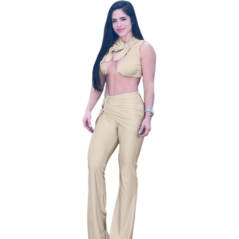 Personalized Metal Twisted Hollow Two-Piece Set – Sexy Slim Fit Crop Top & Trousers for Women