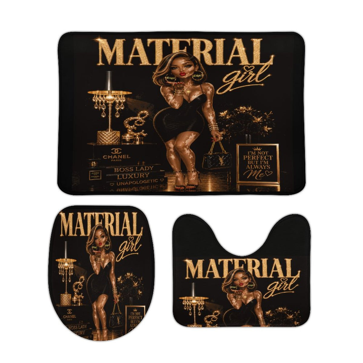 Material Girl Bathroom Mat Set, Black Gold Glam Bath Rugs, 3 Piece Toilet Mat Set, Luxury Bathroom Decor, Boss Lady Bath Set