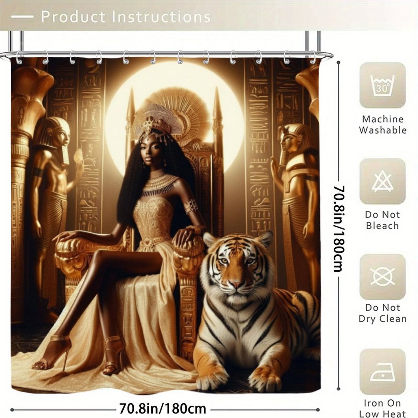 Majestic Queen on Throne with Tiger Waterproof Shower Curtain - Egyptian Gold & Black Luxury Bath Decor Waterproof Shower Curtain