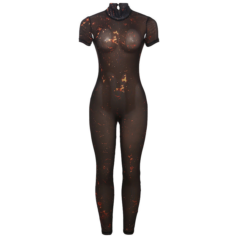 Sexy Backless Half Turtleneck Printed Hollow-Out Jumpsuit – Bold & Body-Hugging Statement Fit