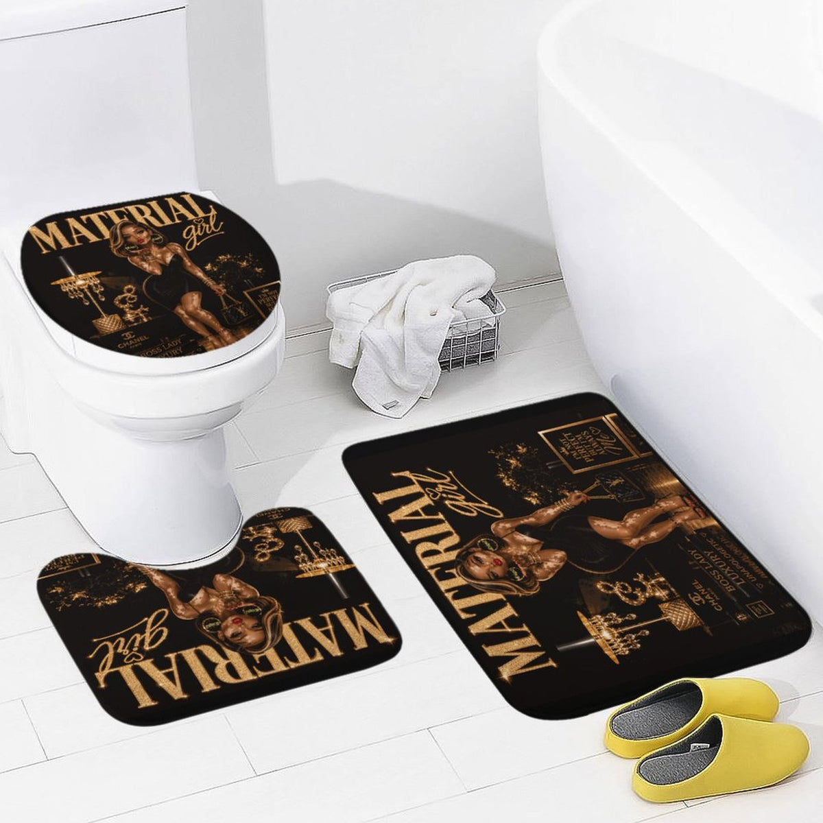 Material Girl Bathroom Mat Set, Black Gold Glam Bath Rugs, 3 Piece Toilet Mat Set, Luxury Bathroom Decor, Boss Lady Bath Set