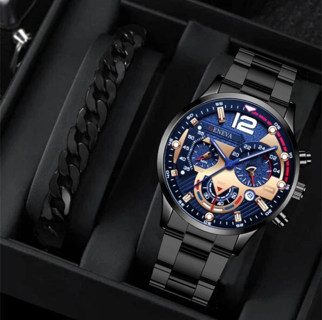 2Pcs Men’s Luxury Steel Strip Quartz Watch & Bracelet Set – Fashion Business Three-Eye Wristwatch Set for Men | Modern Elegant Gift Set