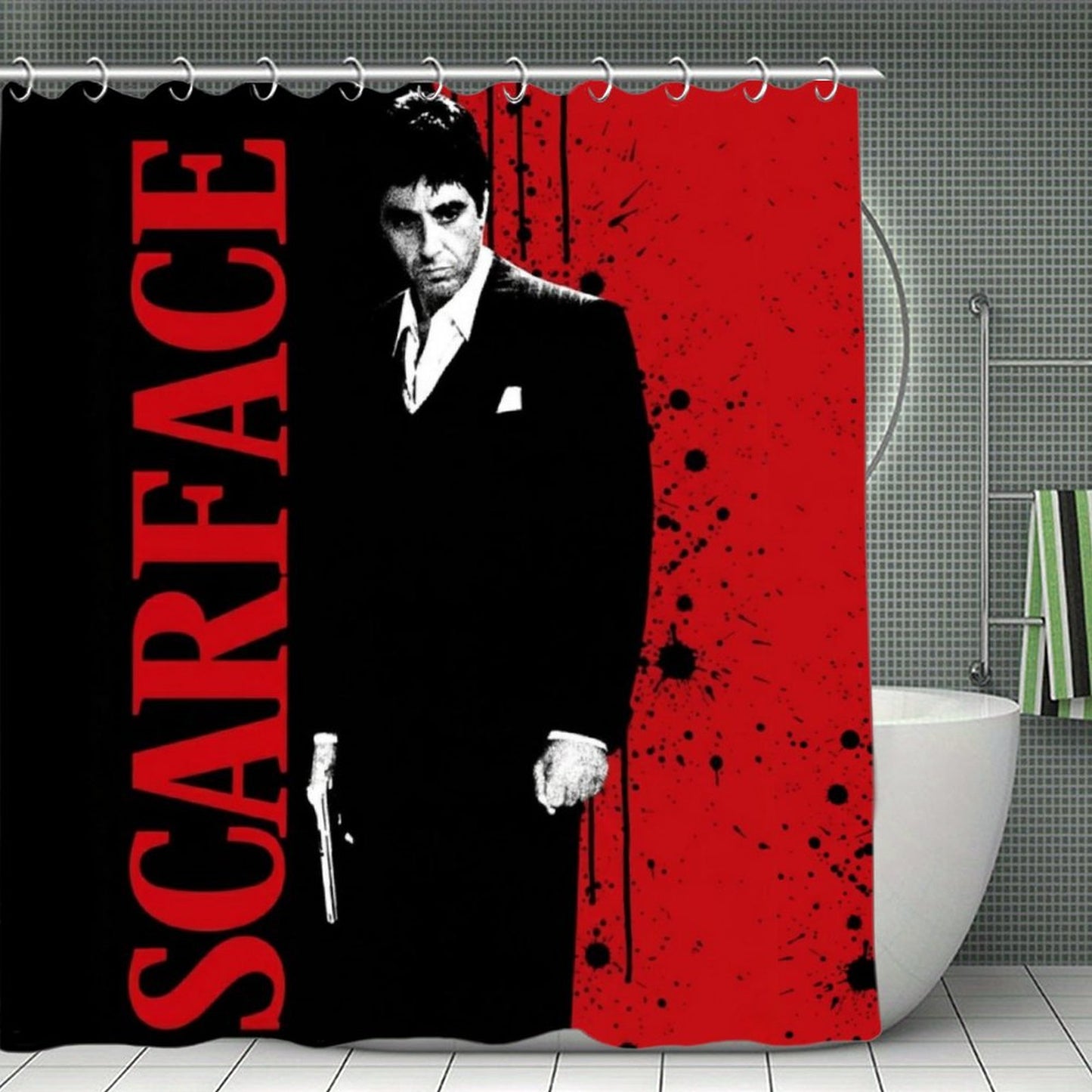 Scarface Black and Red Shower Curtain | Tony Montana Inspired Bathroom Decor | Mafia Movie Bathroom Set | Luxury Urban Home Decor