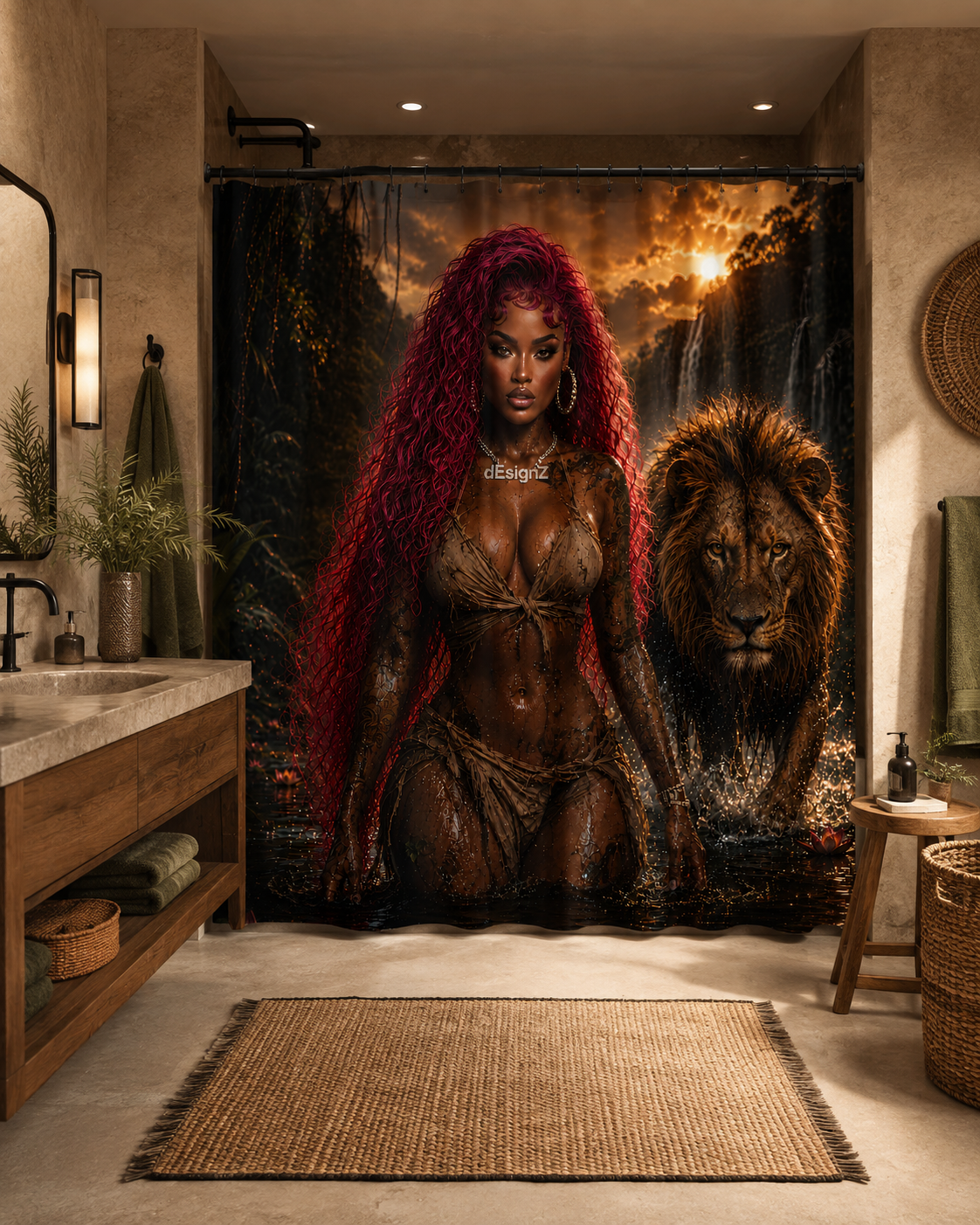 Jungle Queen Lion Shower Curtain, Black Woman Bathroom Decor, Pink Hair Goddess Art, Moody Jungle Bath Decor