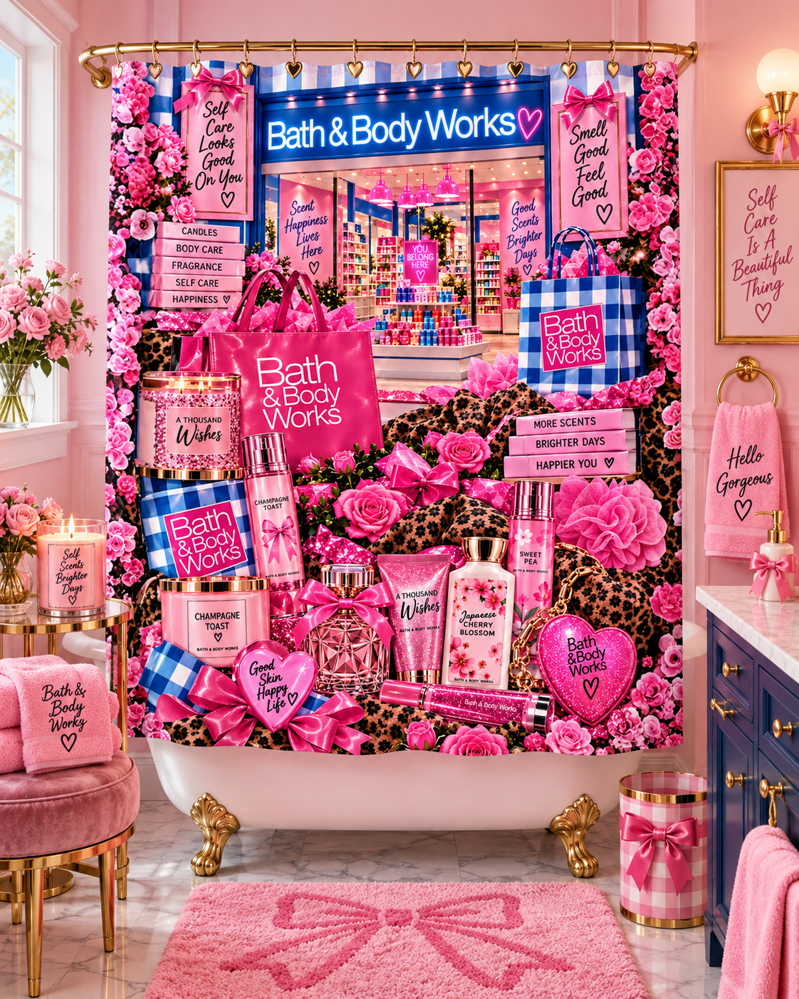 Pink & Blue Self Care Shower Curtain, Girly Bathroom Decor, Perfume Candle Floral Collage, Glam Beauty Bathroom