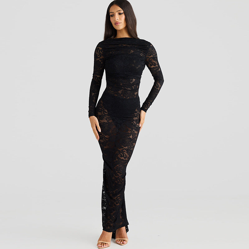 Long Sleeve Backless Lace See-Through Slim-Fit Dress – Sexy Elegant Party Outfit