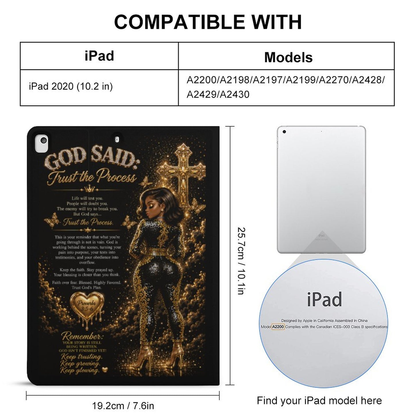 God Said: Trust the Process Book-Style iPad Case with Apple Pencil Holder | Inspirational Christian iPad Protector Cover | Black & Gold Faith-Based Tablet Case