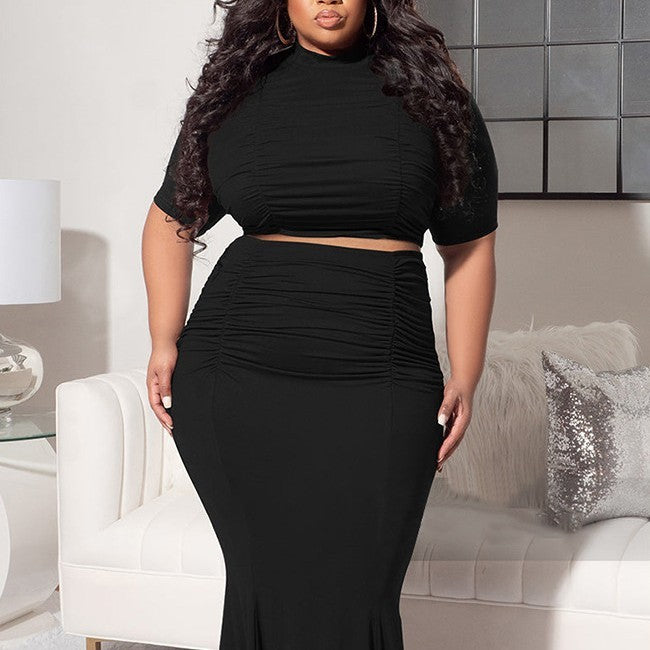Chic Midriff Two-Piece Outfit for Plus Size Women | Trendy Crop Top & High-Waist Set | Casual Lounge Matching Set for Curvy Queens
